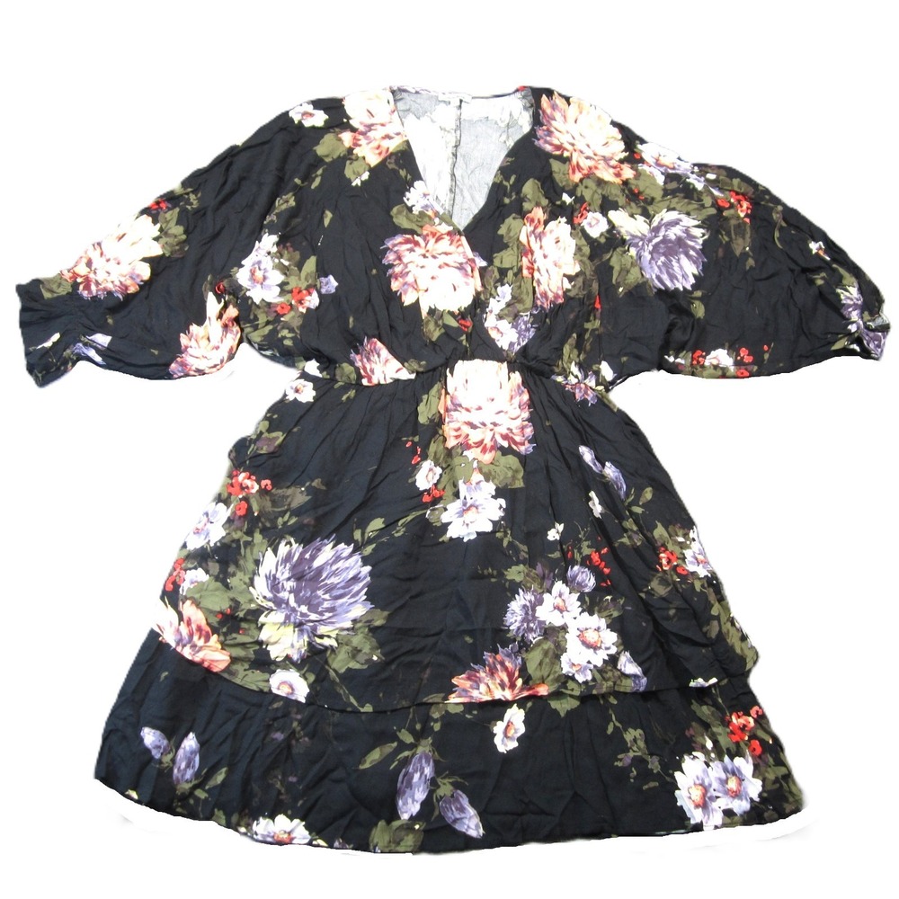 White Birch Floral Dress XL Black Tiered Puff Sleeve Dark Cottage Whimsigoth 90s